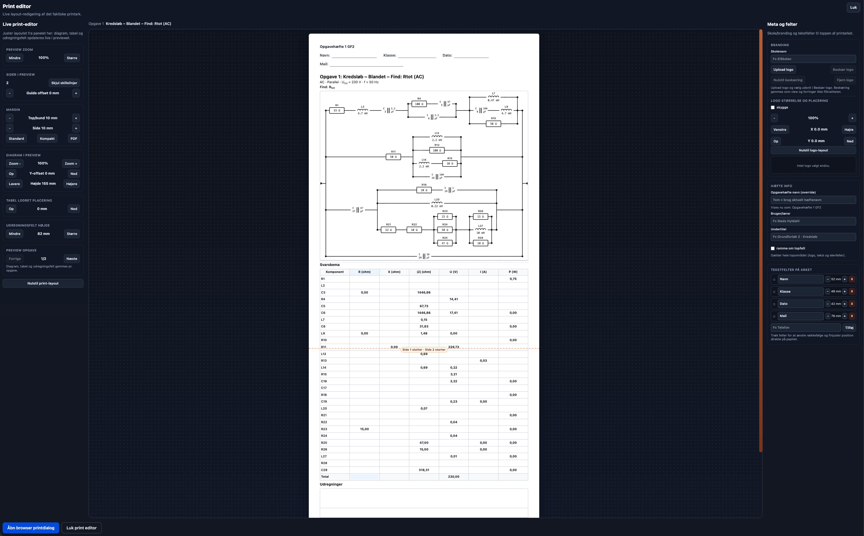 Print editor i Opgave Designer med live A4-layout og felter