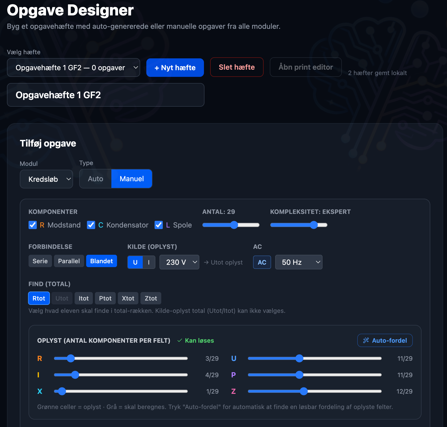 Opgave Designer med manuel opgaveopsætning og fordeling af komponentfelter